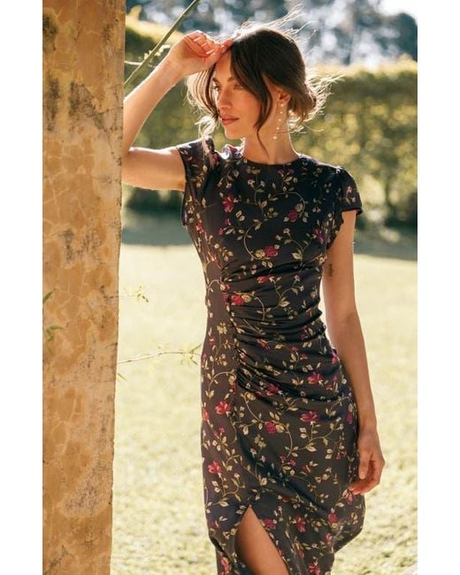 Petal & Pup Lisbeth Floral Cap Sleeve Satin Midi Dress in Blue | Lyst