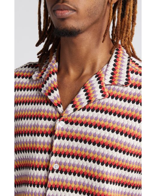 KROST Red Stripe Pointelle Short Sleeve Knit Button-up Shirt for men