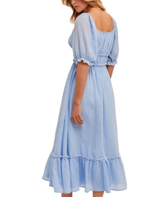 Knit & Lounge Blue Puff Sleeve Square Neck Midi Dress With Tiered Skirt And Ruffle Trim