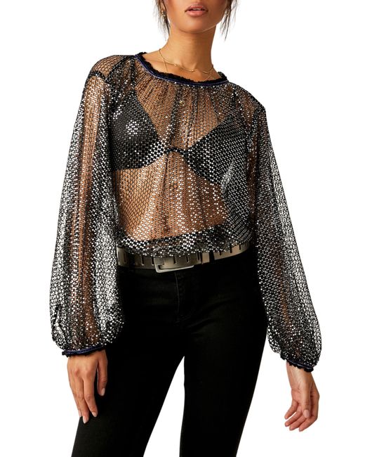 Free People Black Sparks Fly Sheer Sequin Top