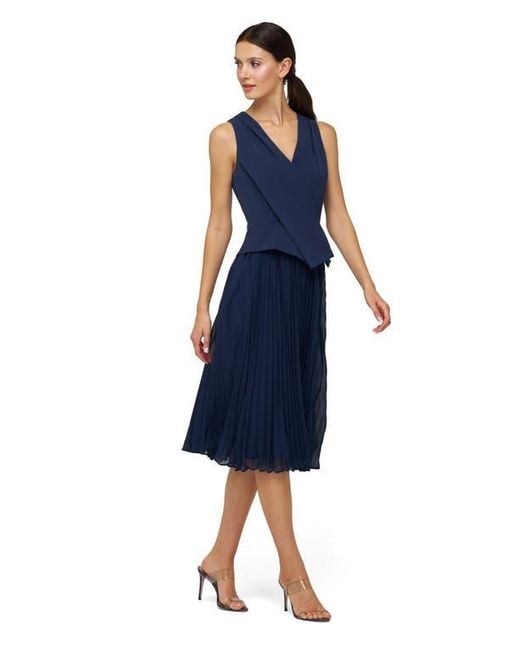 Kay Unger Blue Orella Pleated Mixed Media Cocktail Dress