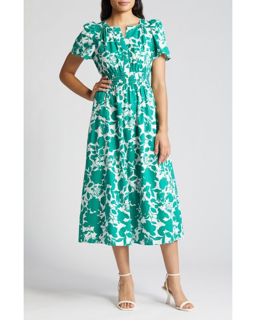 Anne Klein Green Floral Smocked Midi Dress