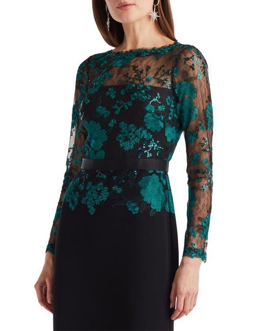 Tadashi Shoji Black Floral Lace Embroidery Long Sleeve Gown