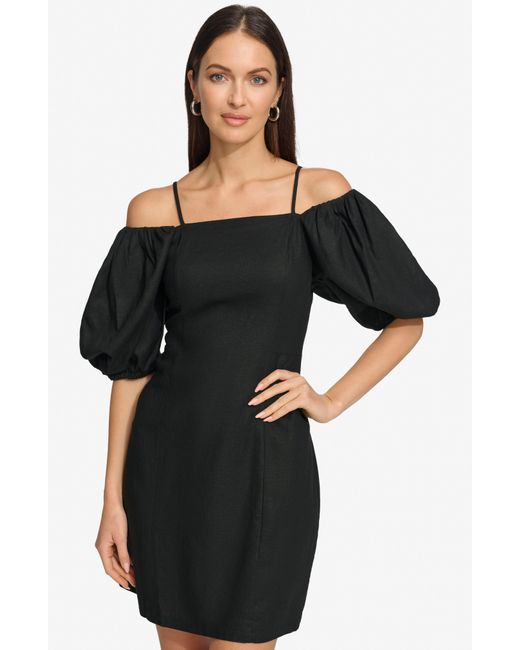DKNY Black Puff Sleeve Linen Blend Sheath Dress