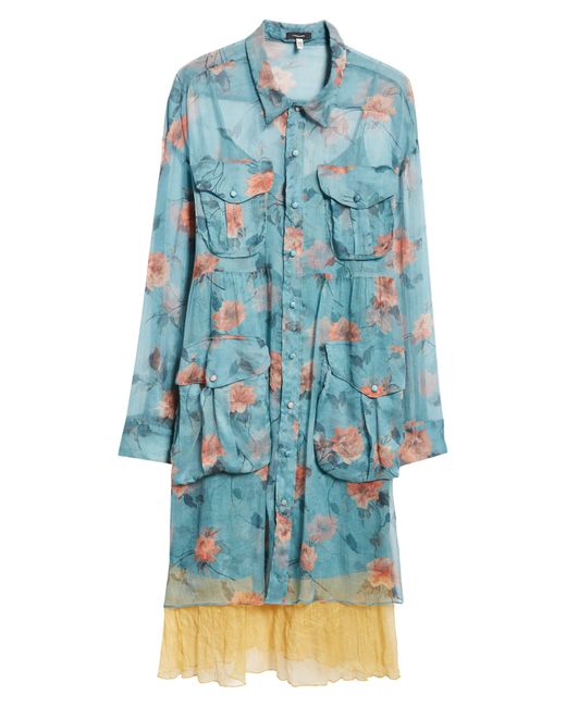 R13 Blue Floral Long Sleeve Double Layer Dress