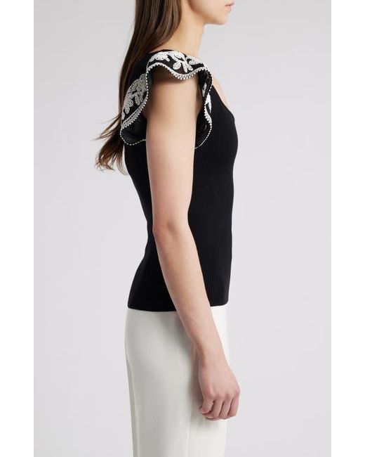 Tahari Black Emily Embroidered Flutter Sleeve Sweater