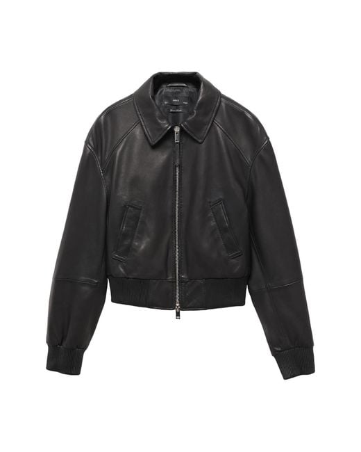 Mango Black Leather Aviator Jacket