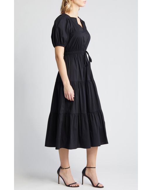 Anne Klein Black Tiered Puff Sleeve Midi Dress