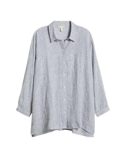 Eileen Fisher Gray Classic Stripe Organic Linen Button-up Shirt