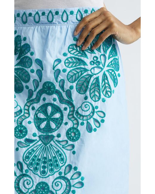 Farm Rio Blue Eyelet Embroidery Cotton Midi Skirt