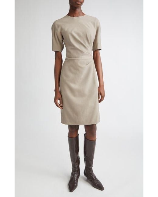 Lafayette 148 New York Natural Short Sleeve Pleated Waist Responsible Stretch Wool Dress