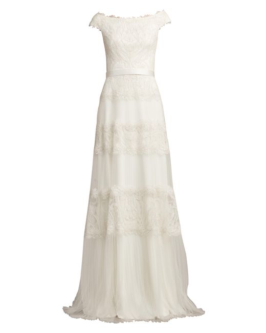 Tadashi Shoji White Sequin Corded Lace Off The Shoulder Gown