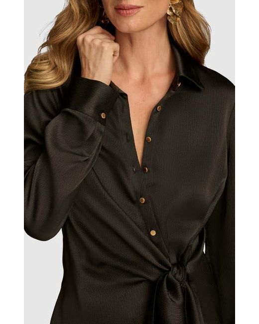 Donna Karan Tie Waist Textured Satin Shirt in Black Lyst