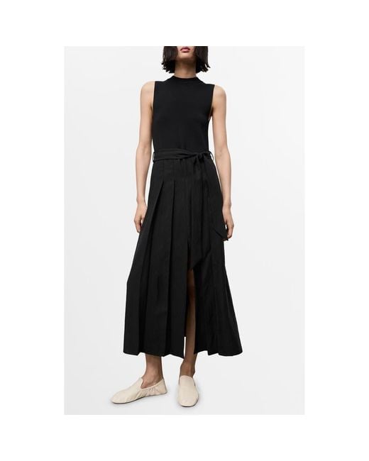 Mango Black Mixed Media Pleated Midi Dress