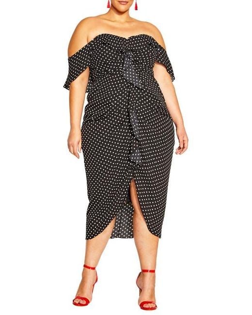 City Chic Black Gina Spot Off The Shoulder Midi Dress