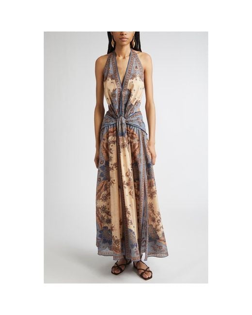 Zimmermann Brown Ascension Paisley Floral Halter Neck Maxi Dress
