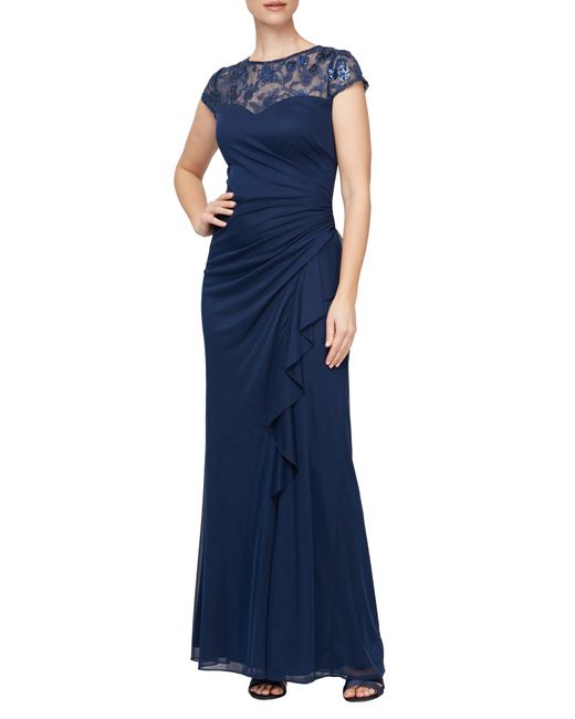 Alex Evenings Blue Sequin Floral Mixed Media A-line Gown