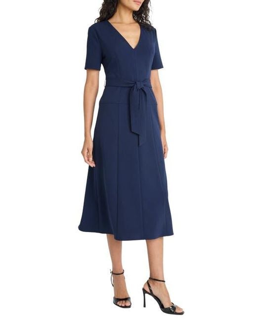 Maggy London Blue Short Sleeve Tie Waist A-Line Midi Dress
