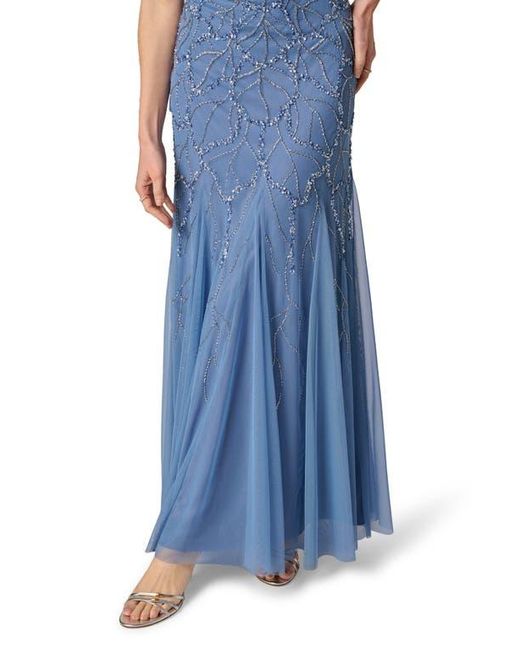 Adrianna Papell Women's Blue Beaded Godet Evening Gown