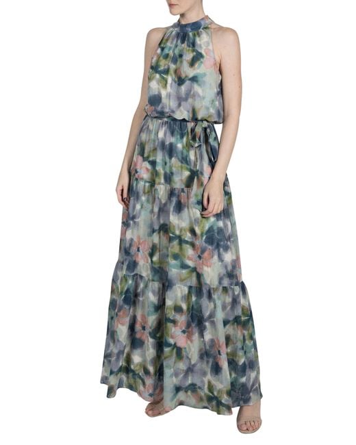 Julia Jordan Green Watercolor Floral Crinkle Maxi Dress