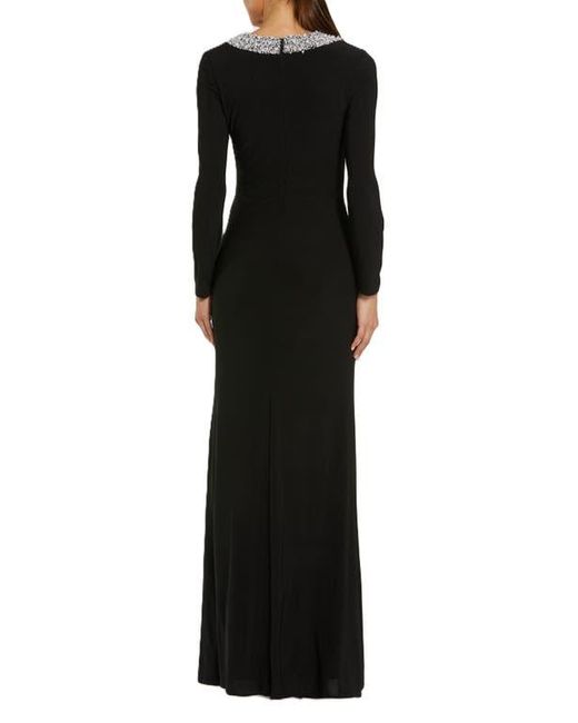 Mac Duggal Black Jersey Long Sleeve Fitted Gown With Beaded Neck