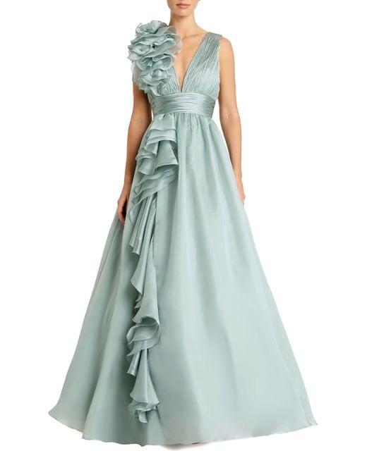 Mac Duggal Blue Ruffle Detail Ruched Chiffon Ballgown