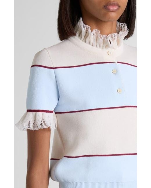 Alexander McQueen Blue Lace Ruffle Stripe Polo