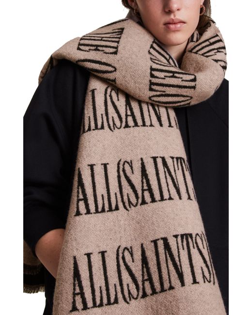 AllSaints Black Varsity Woven Wool Blend Scarf