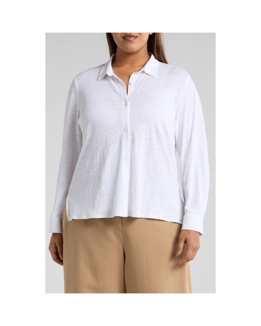 Eileen Fisher Women's White Classic Collar Organic Linen Button