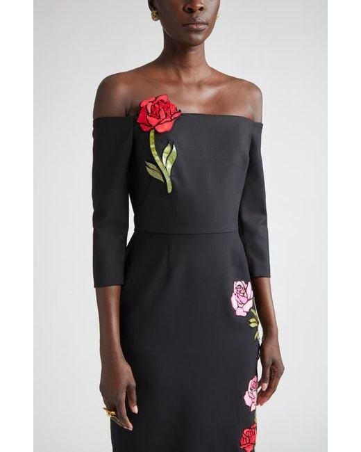 Oscar de la Renta Black Mosaic Rose Embroidered Off The Shoulder Midi Dress