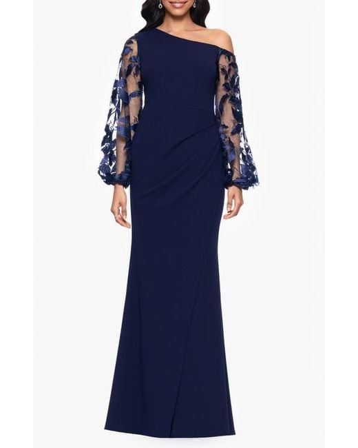 Betsy & Adam Blue One Shoulder Sheer Embroidered Long Sleeve Sheath Gown