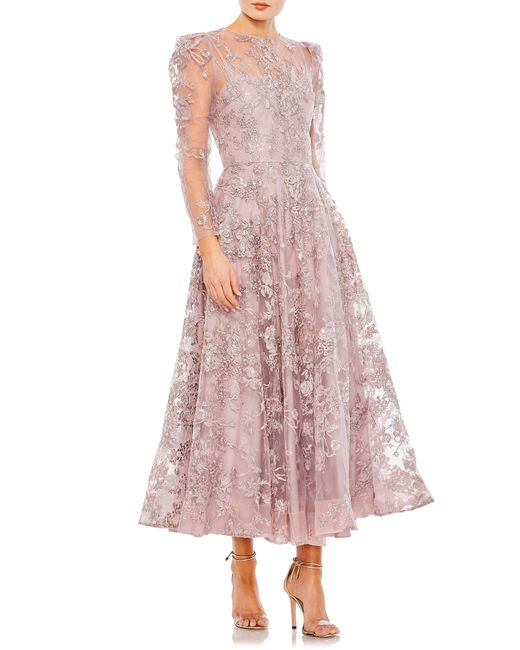 Mac Duggal Pink Sequin Floral Long Sleeve Tulle Midi Dress