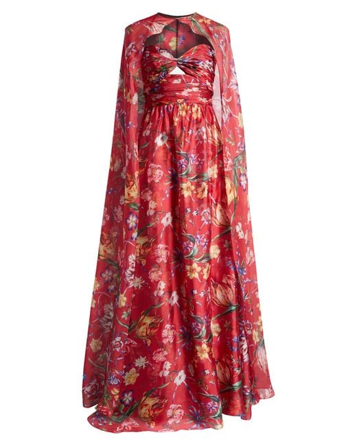 Marchesa Red Floral Print Cape Gown