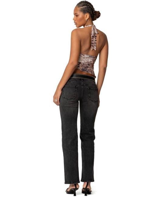 Edikted Black Print Asymmetric Mesh Halter Top