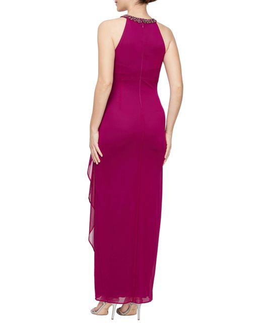 Alex Evenings Purple Embellished Halter Ruched Column Formal Gown