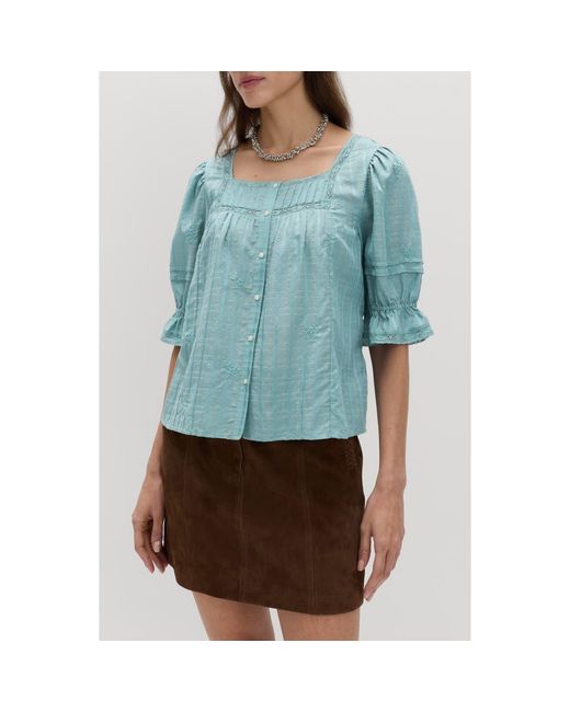 PER UNA BY M&S Women's Blue Floral Embroidered Lace Trim Button-Up Top