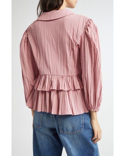 Stine Goya Red Plissé Tie Front Balloon Sleeve Top