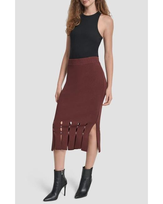 DKNY Red Grommet Trim Fringe Hem Sweater Midi Skirt
