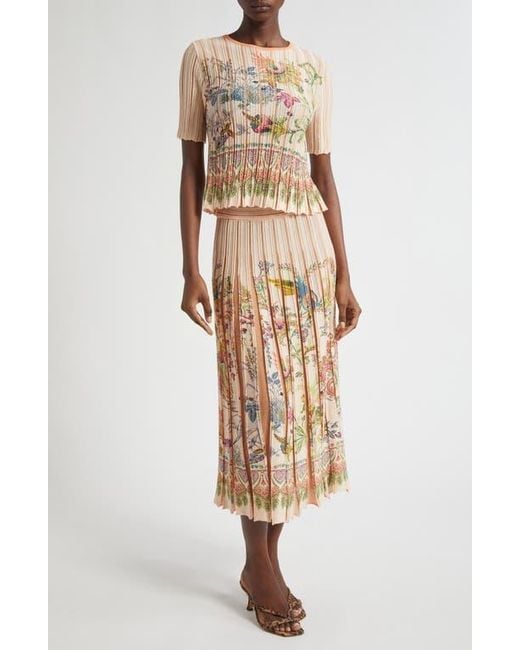 Etro Natural Pleated Floral Midi Sweater Skirt