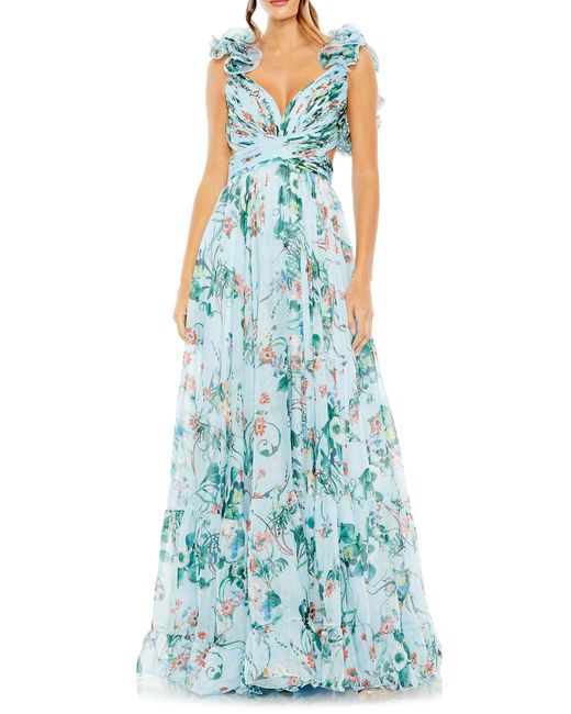 Mac Duggal Blue Floral Cutout Waist Chiffon Gown