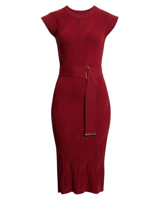 Vince Camuto Belted Knit Sheath Dress in Red | Lyst