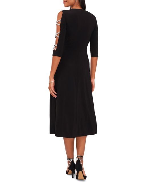 Chaus Black Rhinestone Sleeve Wrap Front Knit Midi Dress