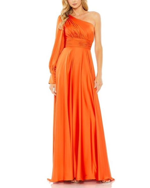 Mac Duggal Orange One Shoulder Bishop Sleeve Flowy Gown
