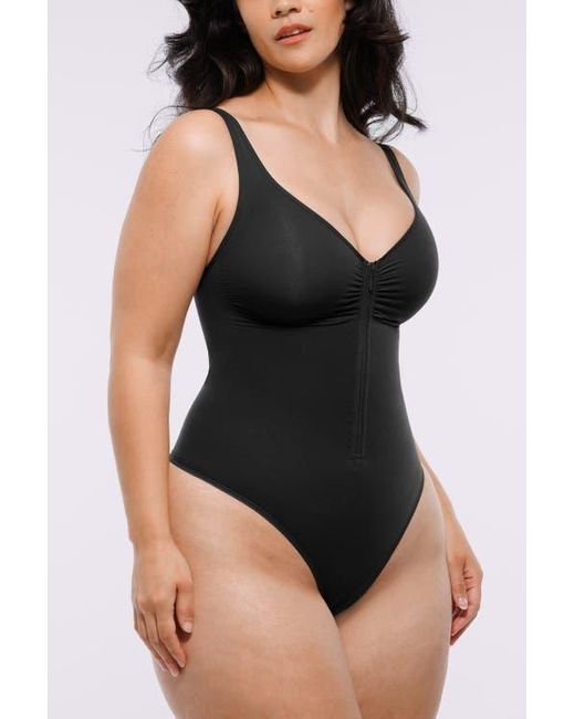 Shapellx Black Skin Flow Zipper Front Thong Bodysuit