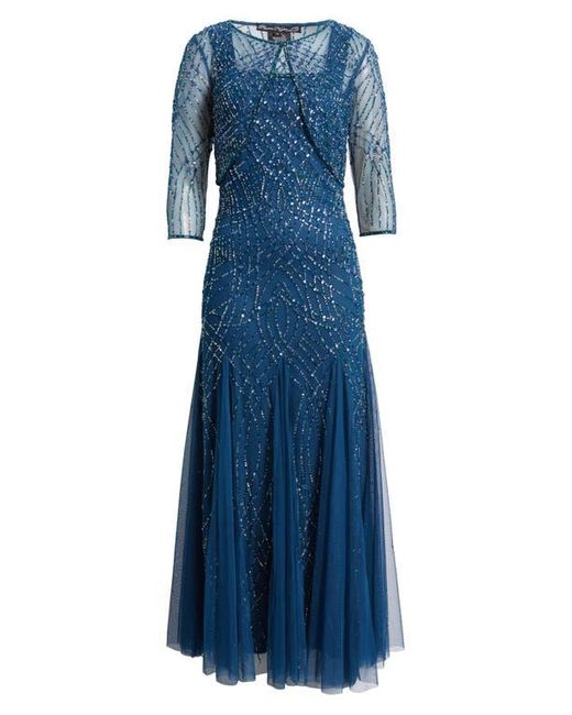 Pisarro Nights Blue Beaded Gown With Long Sleeve Jacket