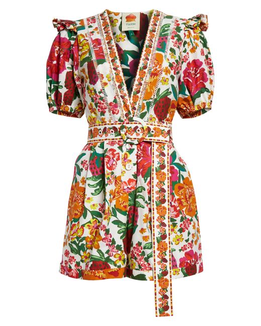 Farm Rio Multicolor Flowerful Puff Sleeve Cotton Belted Romper