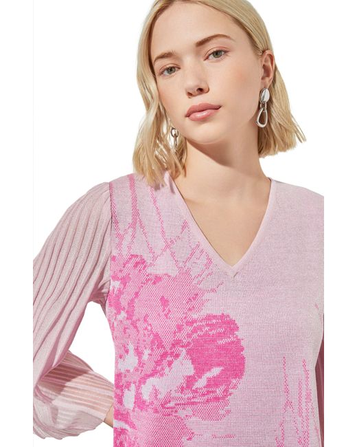 Ming Wang Pink Floral Print Metallic Pleated Sleeve Shift Dress