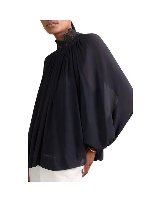 Reiss Women's Blue Czara Lace Accent Smocked Yoke Top