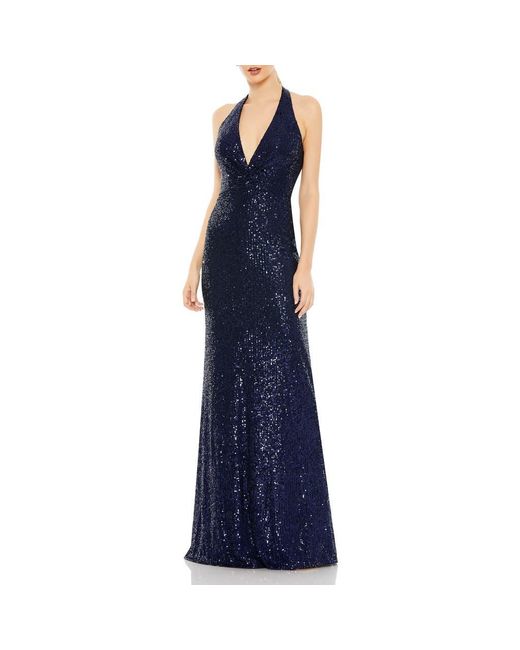 Mac Duggal Women's Blue Sequined Halter Strap Plunge Neck Gown