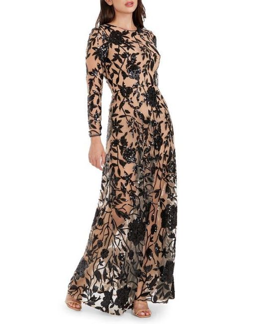 Dress the Population Black Ava Sequin Floral Embroidered Long Sleeve Gown
